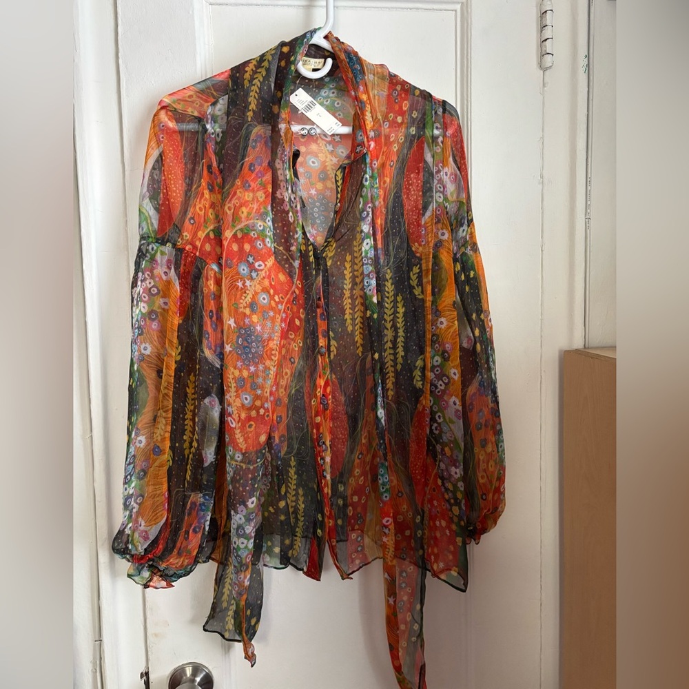 Anthropologie Red and Orange Bell Sleeve Blouse with Tie Front Size S